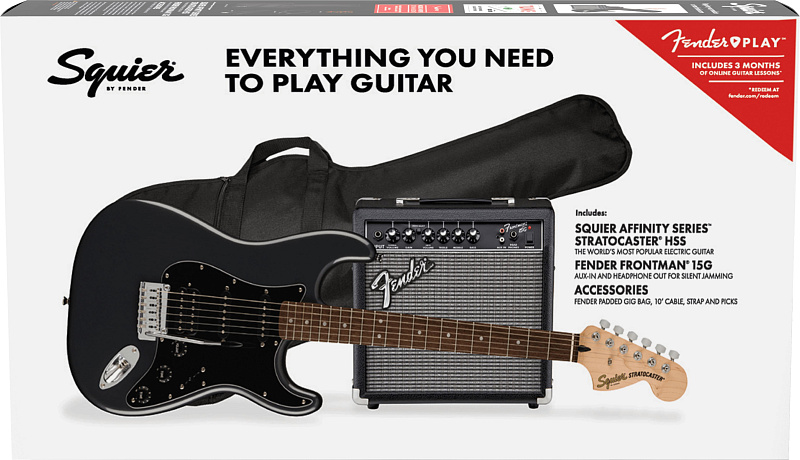 Фото Комплект с электрогитарой FENDER SQUIER Affinity 2021 Stratocaster HSS Pack LRL Charcoal Frost Metallic